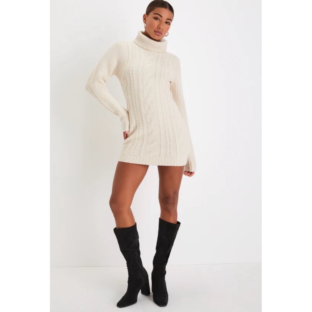 Lulu's Cream Cable Knit Turtleneck mini sweater dress great condition women’s LG